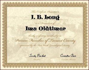 Pioneer Families of Tarrant County Certificate