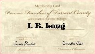 Pioneer Families of Tarrant County Membership Card
